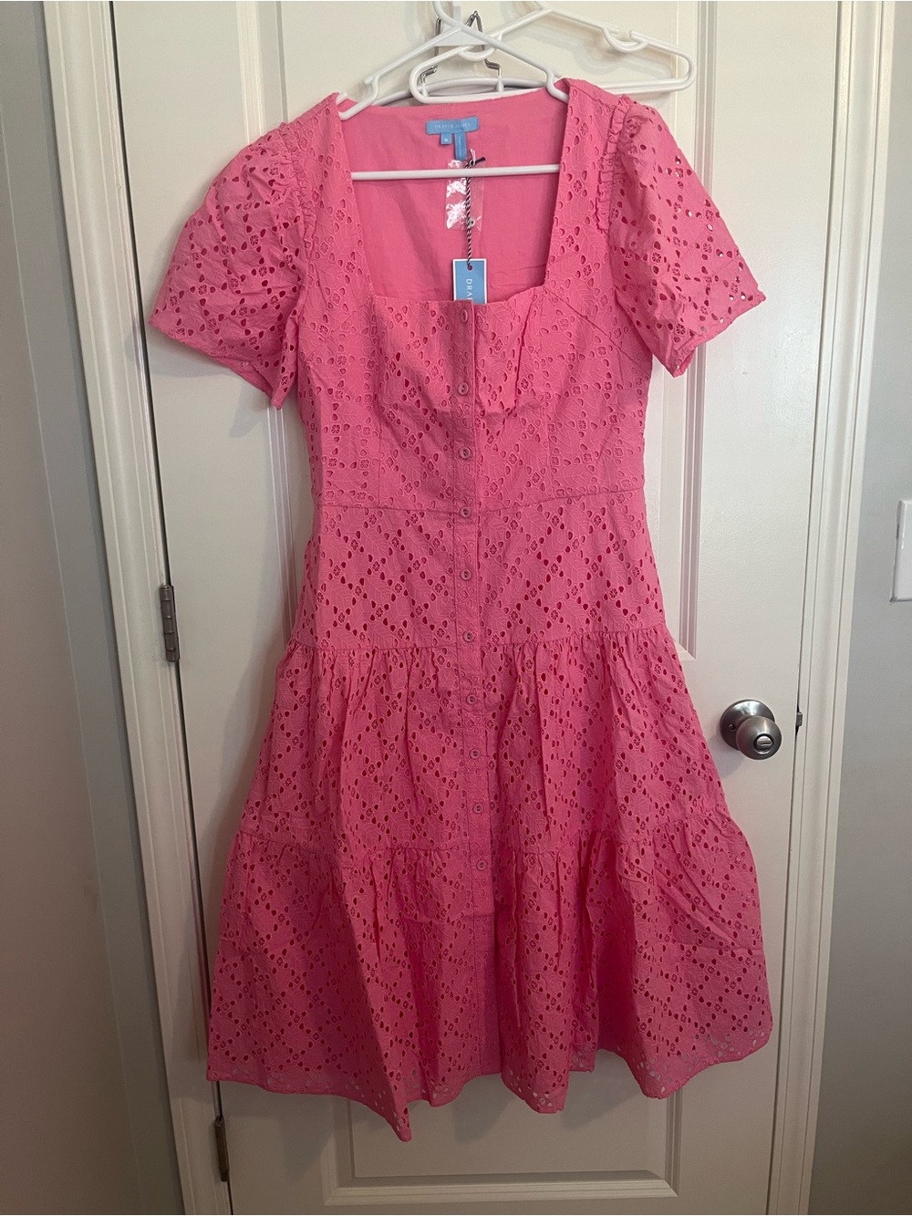 Draper James Bright Pink Eyelet Tiered Midi Dress